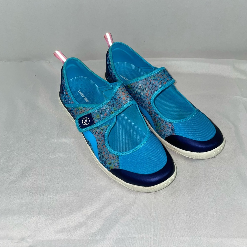Lands End Blue Floral Mary Jane Water‎ Shoes Womens 8B 528278 Mesh Aqua Flats